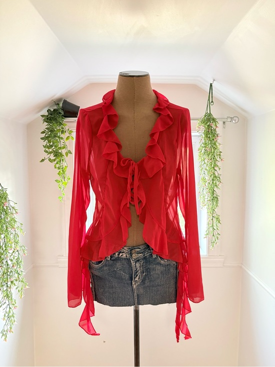 Tops - Red Ruffle Tie-Front Sheer Blouse - Women Tops